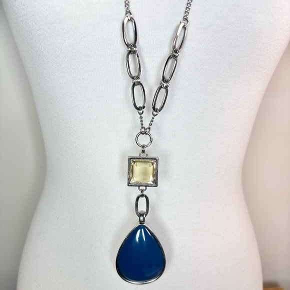 Silver Tone Necklace with Blue Acrylic Teardrop Pendant, [22” Matinee Length] - Picture 3 of 6